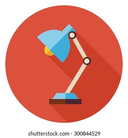 Flat Office Workplace Desk Lamp Circle Icon with Long Shadow. Business Vector Illustration. Office Life Workspace Object. Light bulb and Lighting