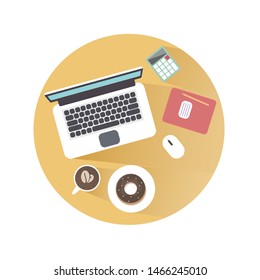 flat office workplace illustration. the view from the top. desk, laptop, coffee and chocolate donut. buisness collection