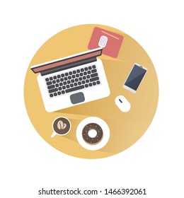 flat office workplace illustration. the view from the top. desk, phone, laptop, coffee and chocolate donut. buisness collection
