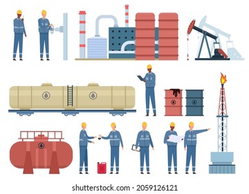 Flat Oil Engineer Workers And Gas Industry Buildings. Petroleum Rig, Refinery, Fuel Tanks And Barrels. Oil Pipeline Inspection Vector Set. Man Characters In Uniform Working For Industrial Plant