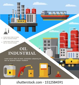 Flat oil industry colorful template with tanker petrochemical plant fuel truck canister pipeline valve gas station pump nozzle vector illustration