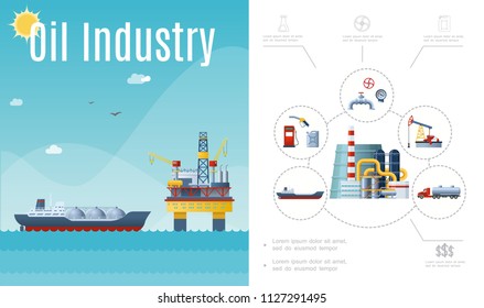 Flat oil industry composition with tanker ship water drilling rig gas station canister fuel pump pipeline manometer valve truck vector illustration