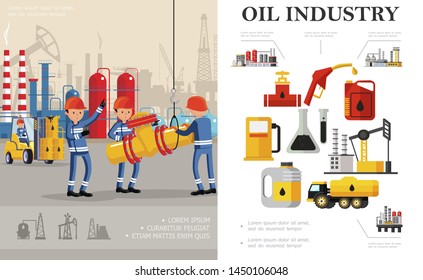 Flat oil industry concept with industrial workers fuel truck petrochemical plant oil derrick drilling rig canisters flasks barrels gas station pump vector illustration