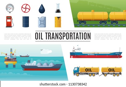 Flat Oil Industry Elements Set With Truck Gas Station Tanker Valve Manometer Barrel Canister Gasoline Tanks Sea Drilling Rig Vector Illustration