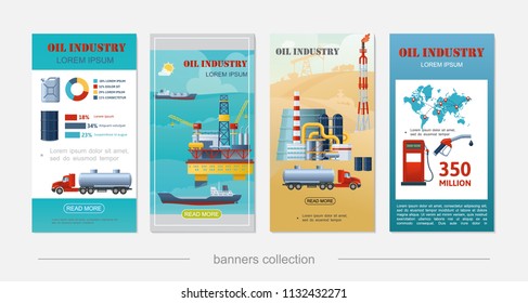Flat oil industry vertical banners with sea drilling rig tanker ship derrick refinery plant canister barrel gas station tank truck fuel pump vector illustration