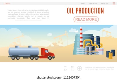 Flat oil industry web page template with tank truck petrochemical plant barrels drilling rigs silhouettes vector illustration 