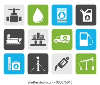 Flat oil and petrol industry objects icons - vector icon set