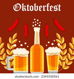 flat oktoberfest festival illustration with two glasses of beer, bottle, and sausage
