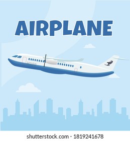 Flat old airplane model illustration, view of a flying aircraft
