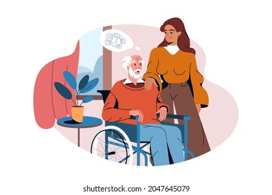 Flat old man suffer from dementia or alzheimers disease. Young woman volunteer or social worker care for an elderly person. Disabled person in wheelchair with brain problems has support from relative.