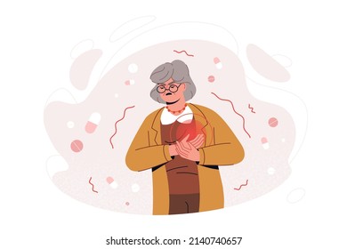Flat old woman feel sharp chest pain, heart attack failure symptoms. Adult person clutching breast with painful facial expression. Sudden pressure, cardiac discomfort. Cardiovascular disease concept.
