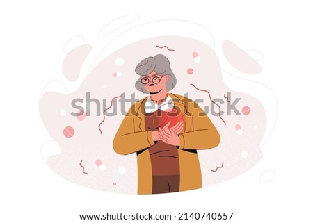 Flat old woman feel sharp chest pain, heart attack failure symptoms. Adult person clutching breast with painful facial expression. Sudden pressure, cardiac discomfort. Cardiovascular disease concept.