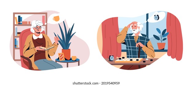 Flat older woman and pension man suffer from alzheimer disease, dementia or forgetfulness. Elderlies in home interior with brain problems, mental illness, health disorder or loss of short-term memory.