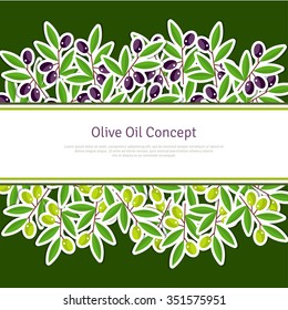 Flat Olive background with green and black olives tree branches. Vector Illustration. Italian menu cover design with place for your text message. Horizontal nature floral border