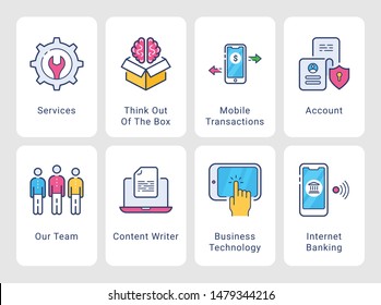 Flat Onboarding Screens Business Related  - Conceptual outline icons collection - vector 