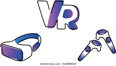 Flat one line icons for theme VR with gradient colored accents. Virtual reality. Logo, letters V and R, headset, glasses, controllers.