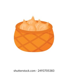 Flat Onion In Basket for Spice, Flavor, Seasoning, Vegetable and Food Ingredient Animated Cartoon Icon Clipart Isolated on Transparent Background
