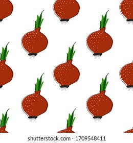 Flat onion seamless background vector illustration. Pattern for healthy lifestyle design. Scandinavian style. Vegetarian summer backdrop. Kitchen art. Fresh poster.