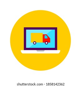 Flat Online Delivery Circle Icon. Vector Illustration of Laptop and Truck Objects.