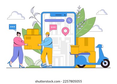 Servicio de entrega en línea plano, logística inteligente con concepto de smartphone o aplicación móvil. Estilo de diseño de contorno ilustración vectorial mínima para página de inicio, banner web, infografías, imágenes de héroe.
