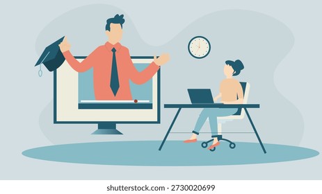 Flat online education background showing virtual teacher on screen student studying at desk laptop digital learning concept for elearning webinar and remote classes