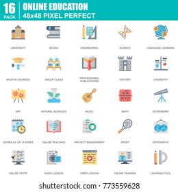 Flat online education, e-learning, e-book icons set for website and mobile site and apps. Contains such Icons as University, School. 48x48 Pixel Perfect. Editable Stroke. Vector illustration.
