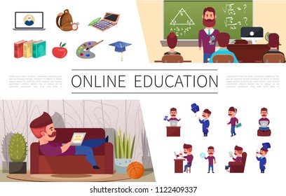 Flat online education elements set with man studying on laptop at home seminar bag calculator books apple art palette graduation cap vector illustration