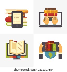 Flat online library. School library book access at laptop. Science education textbooks and digital books store. Study university computer reading isolated vector illustration icons set