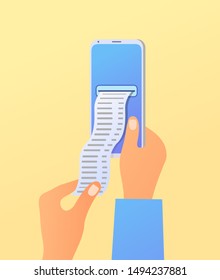 Flat online mobile payment concept with male hands holding phone and electronic bill. Vector illustration