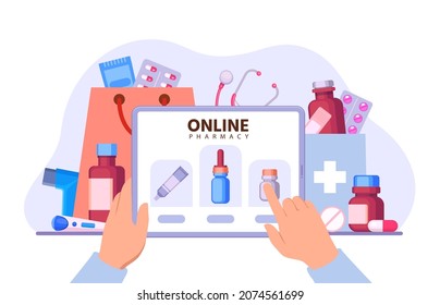 Flat online pharmacy store, medication delivery app. Man hands hold tablet and ordering pills. Medical drug internet shopping vector concept. Gadget with screen for online medical service