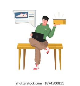 Concepto de tienda en línea plana con hombres que ordenan zapatos deportivos con ilustración vectorial de entrega