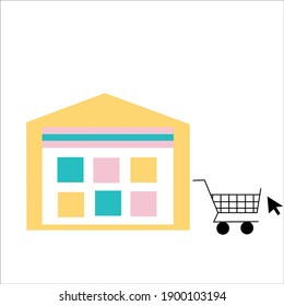 Flat Online Shop-Vorderseite mit Warenkorb und Klicken