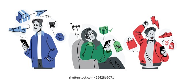 Conjunto de ilustración de dibujos animados de compras en línea plana