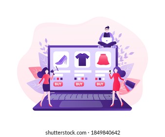 Flat online shopping people laptop for mobile app design. Flat design. Online delivery phone concept.
