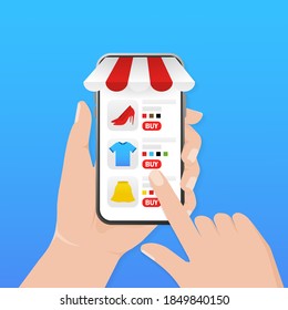 Flat online shopping smartphone with hand for concept design. Flat isometric vector illustration. Hand touch screen smartphone icon. Phone icon vector.