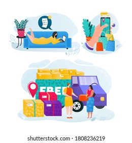 Flat online store use set, people buy online concept design vector illustration. Cartoon shop delivery banner, modern retail service background. Woman character order purchase, shopping online.