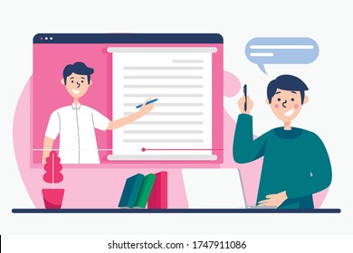 Flat Online tutorials concept, work from home