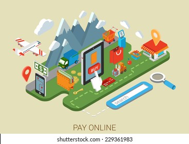 Flat online web site shopping internet process infographics 3d isometric concept. E-commerce store on tablet, payment terminal. Search item, buy, checkout, payment, delivery, shipping icons collage.