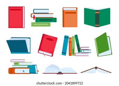 Flat open and close books, library piles and stacks. Novel book with bookmark. Textbooks for reading and education. Literature vector set. Academic educational books for school or college