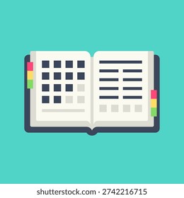Flat Open Planner Book with Sticky Notes and Tabs Vector Illustration
