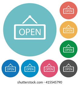 Flat open sign icon set on round color background.