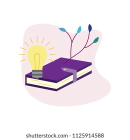 Flat opened book with glowing light bulb on abstract leaves background. Symbol of education, library literature and wisdom. School, college or university studying equipment. Vector illustration.