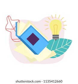 Flat opened book with glowing light bulb on abstract leaves background. Symbol of education, library literature and wisdom. School, college or university studying equipment. Vector illustration.