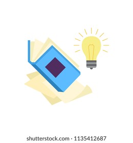 Flat opened book with glowing light bulb. Symbol of education, library literature and wisdom. School, college or university studying equipment. Vector isolated illustration.