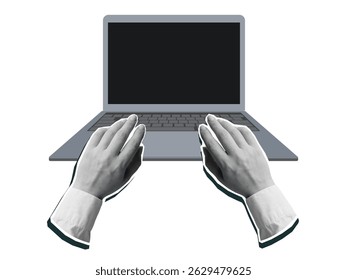 Flat opened laptop with hands on keyboard and empty screen, front view. Modern collage style. Vector illustration
