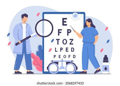 Flat ophthalmologist check eyesight with eye test chart and eyeglasses. Woman oculist with pointer measure visual acuity. Doctor diagnose ophthalmic problem in hospital. Ophthalmic exam concept.