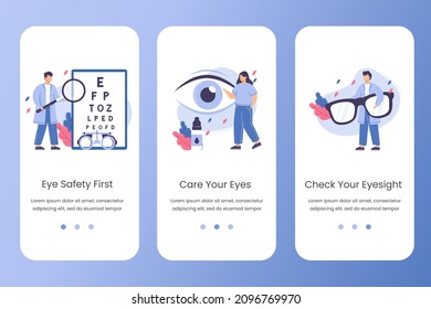 Flat ophthalmologist doctor with magnifier in hands check eyesight. Eye testing or vision correction vector website template. Care eyes concept with drops and eyeglasses. Landing page design for app.