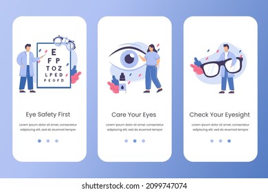 Flat ophthalmologist doctor with magnifier in hands check eyesight. Eye testing or vision correction vector website template. Care eyes concept with drops and eyeglasses. Landing page design for app.