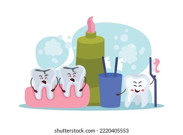 Flat oral care concept with cartoon characters of sad decayed human teeth and happy healthy tooth holding toothbrush with toothpaste vector illustration