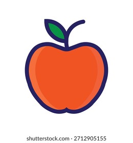 Manzana plana de color naranja con hoja verde y contorno grueso, perfecta para App de alimentos, infografías de salud y diseños educativos para niños.
